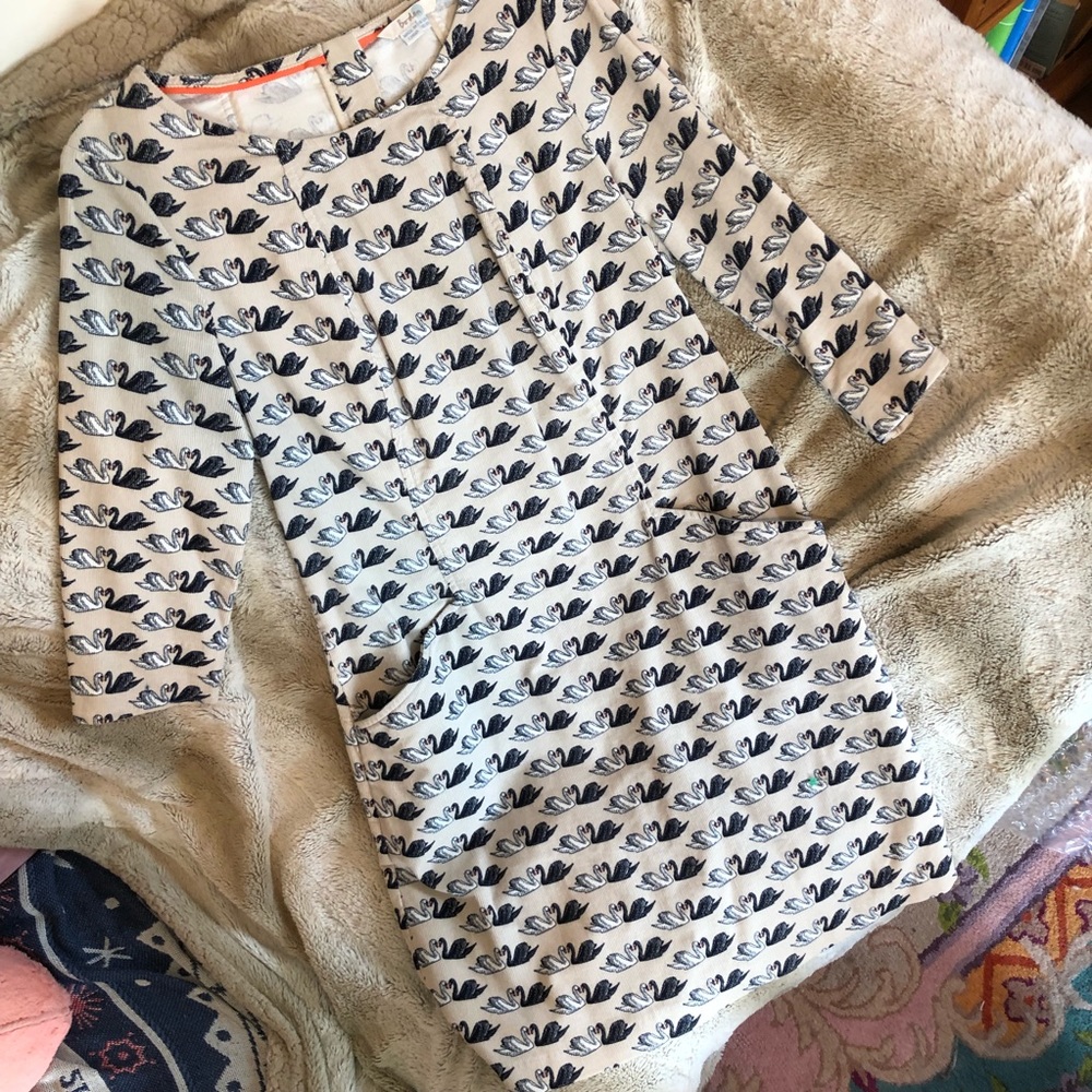 Boden Swan-Print Taupe-Beige Corduroy Dress